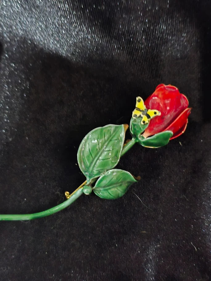 Vintage Red Enamel Rose Brooch with Butterfly, Gold Tone Floral Stem Pin
