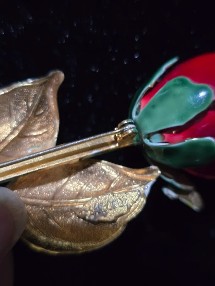 Vintage Red Enamel Rose Brooch with Butterfly, Gold Tone Floral Stem Pin