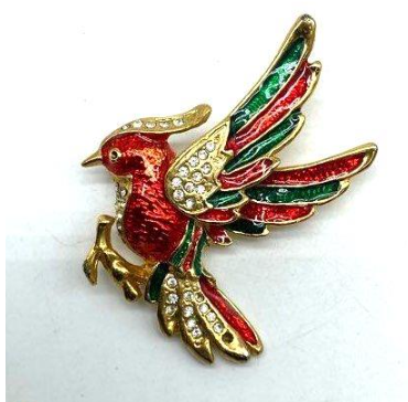 Vintage Enamel Woodpecker Brooch | Red and Green Rhinestone Bird Pin