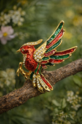 Vintage Enamel Woodpecker Brooch | Red and Green Rhinestone Bird Pin