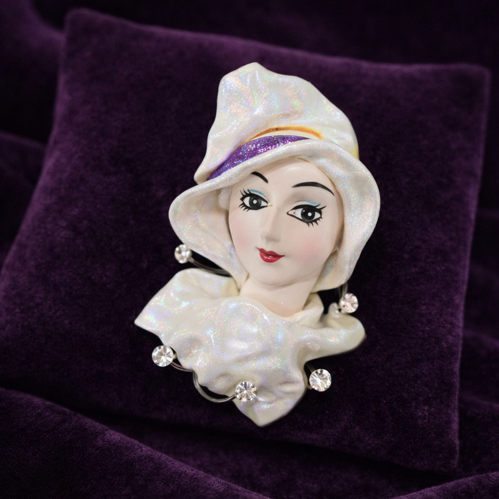 Artisan Portrait Lady Brooch with Pearl Accents, Vintage-Style Resin Figural Pin