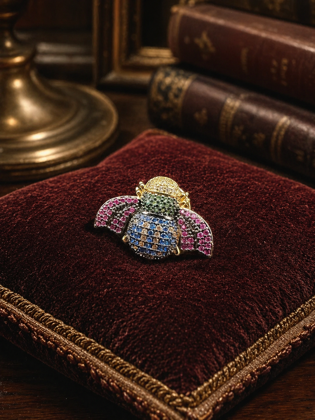 Gold Tone Multicolor Crystal Bee Brooch with Pink and Blue Rhinestones