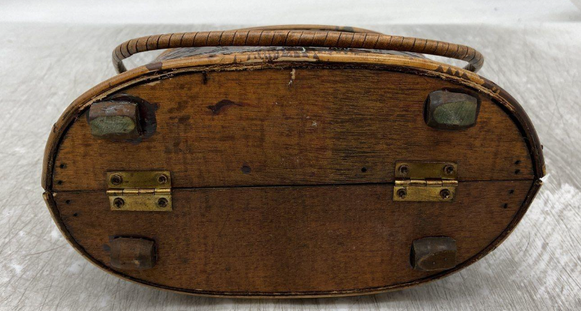 Vintage Brown Floral Tooled Top Handle Handbag Wood Frame Conversation Piece Purse