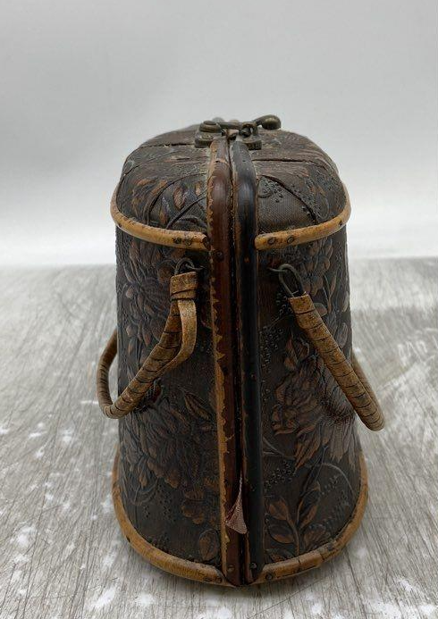 Vintage Brown Floral Tooled Top Handle Handbag Wood Frame Conversation Piece Purse