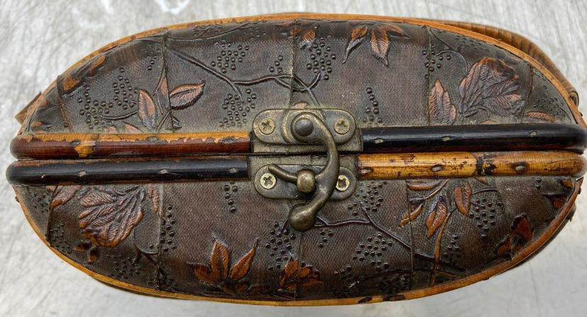Vintage Brown Floral Tooled Top Handle Handbag Wood Frame Conversation Piece Purse