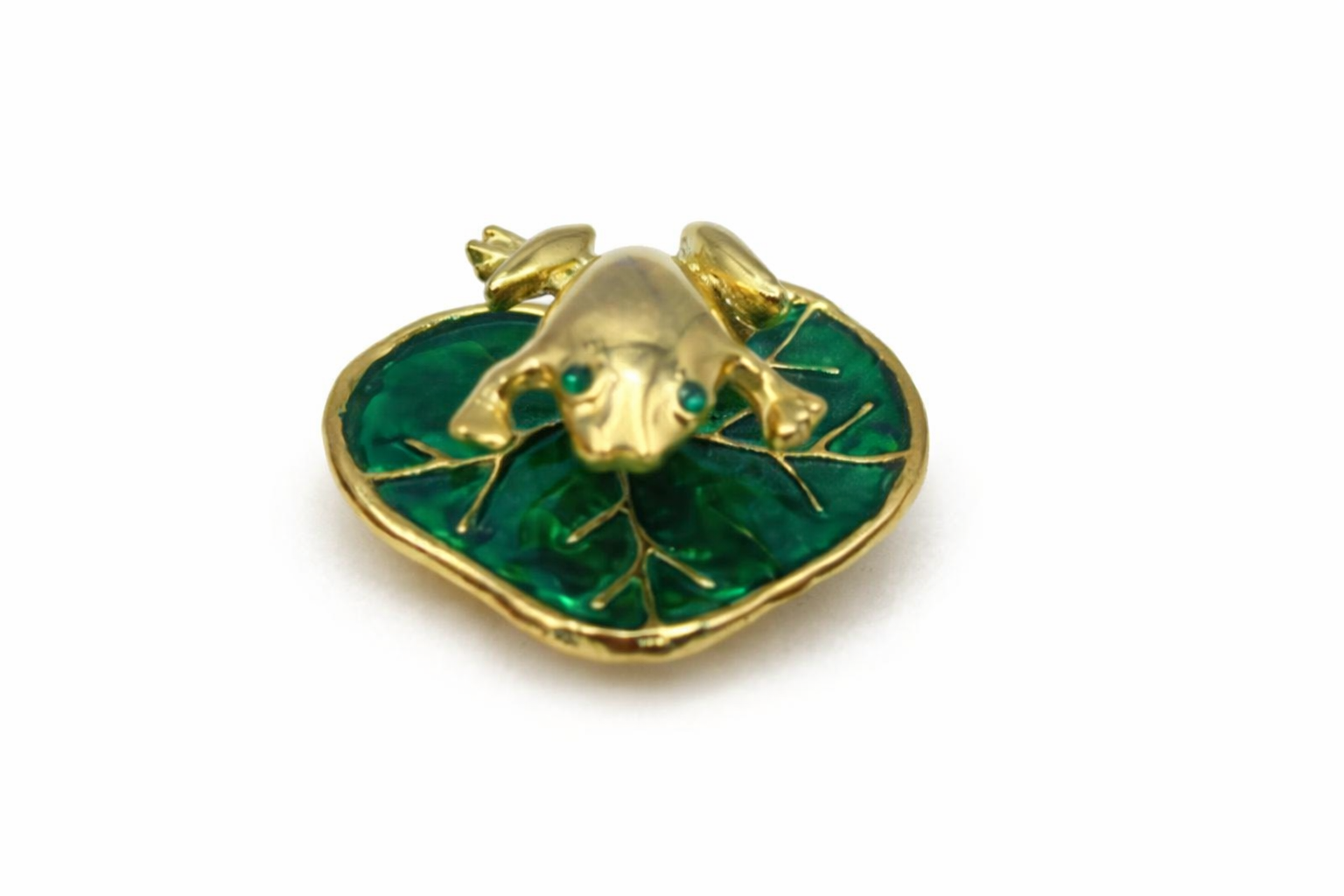 Articulated Frog on Lily Pad Pin – Gold Tone Figural Brooch with Green Enamel