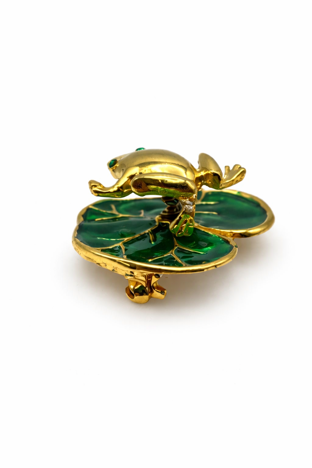 Articulated Frog on Lily Pad Pin – Gold Tone Figural Brooch with Green Enamel