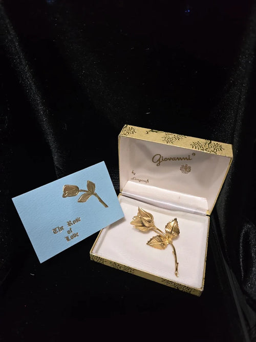 (SOLD) Giovanni Rose of Love Gold Tone Rose Brooch with Original Box and Poem Card, Giftable Floral Pin