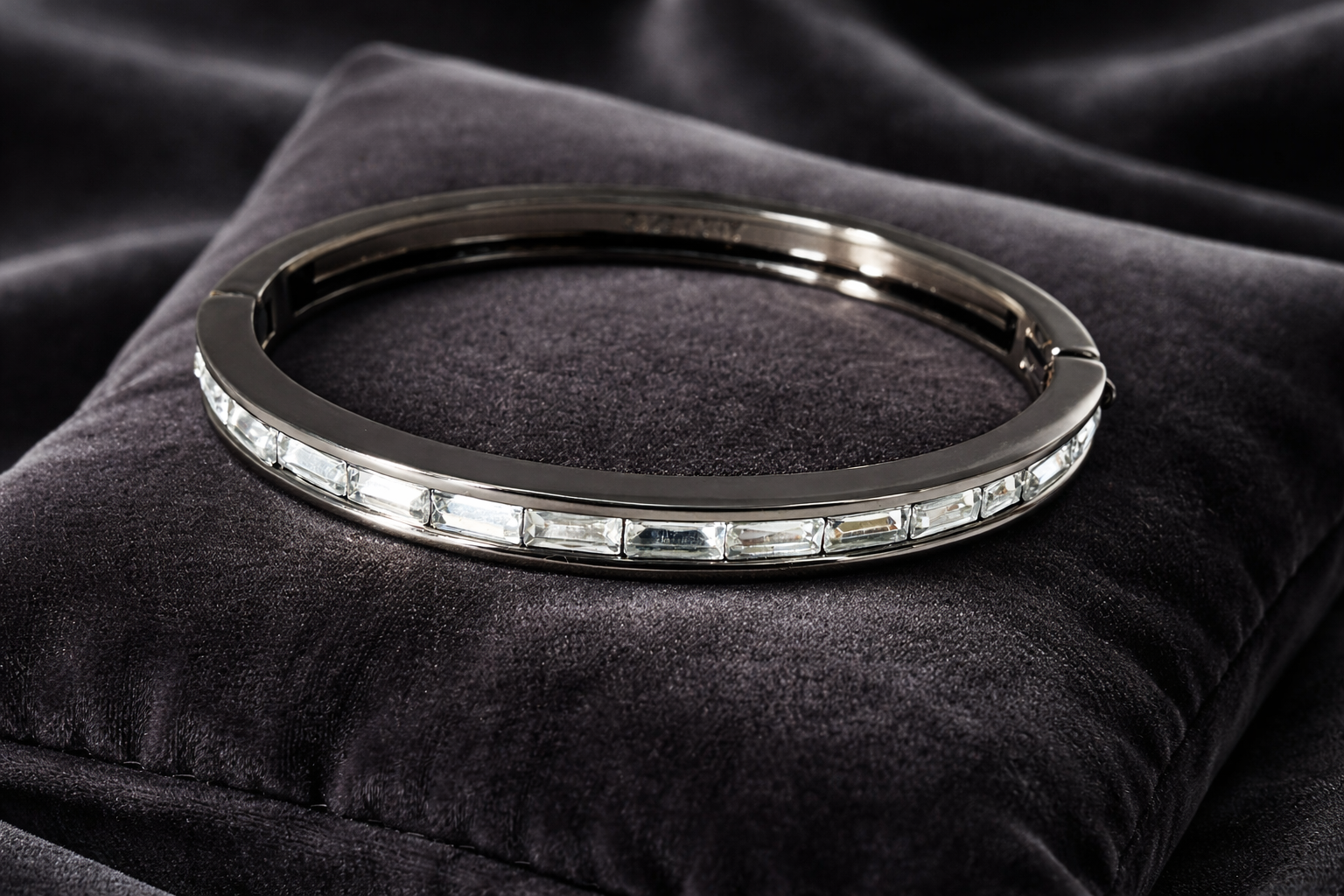 Givenchy Crystal Rhinestone Hinged Bangle Bracelet Gunmetal Tone Designer