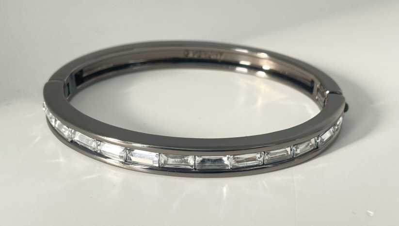 Givenchy Crystal Rhinestone Hinged Bangle Bracelet Gunmetal Tone Designer