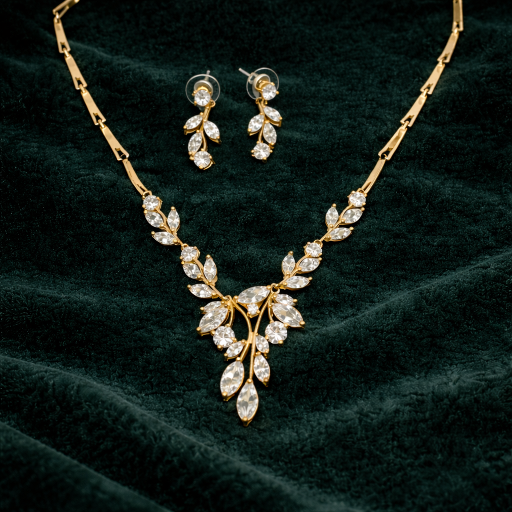 Gold Tone Cubic Zirconia Bridal Necklace and Earring Set Wedding Jewelry with Extender