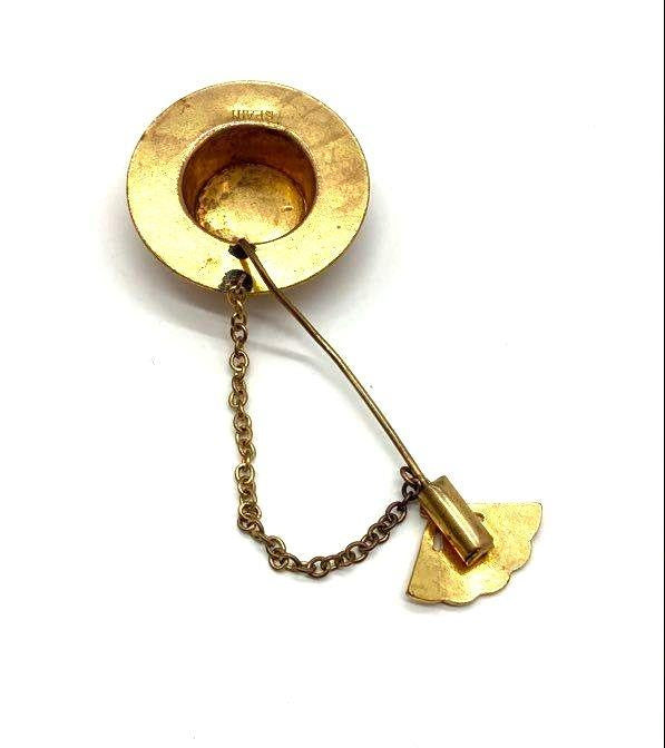 Gold Tone and Enamel Painted Vintage Hat and Fan Stick Pin