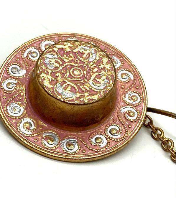 Gold Tone and Enamel Painted Vintage Hat and Fan Stick Pin