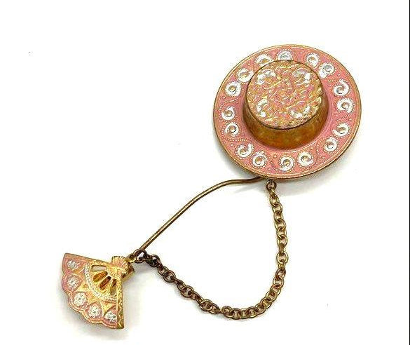 Gold Tone and Enamel Painted Vintage Hat and Fan Stick Pin