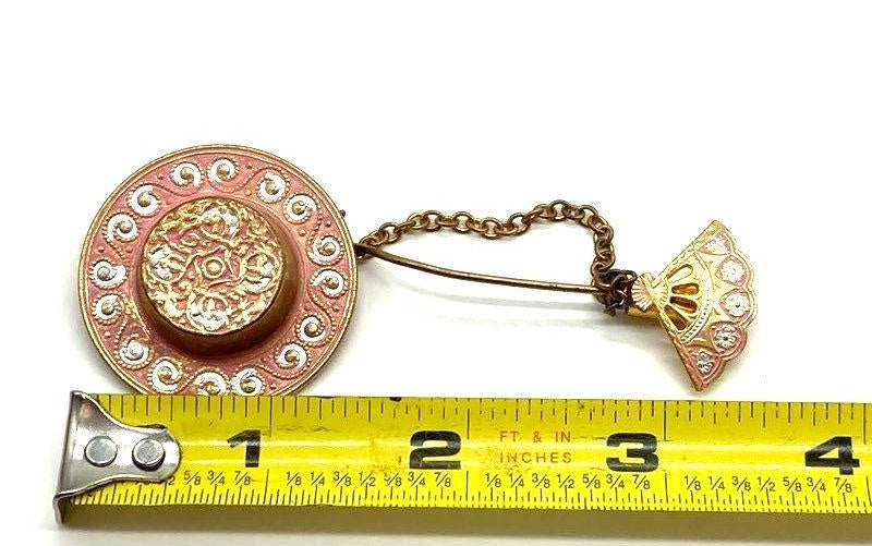 Gold Tone and Enamel Painted Vintage Hat and Fan Stick Pin