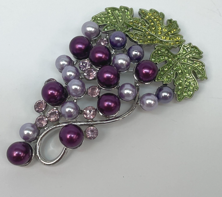 Vintage Grape Cluster Brooch | Purple & Lavender Faux Pearl Rhinestone Vine Pin