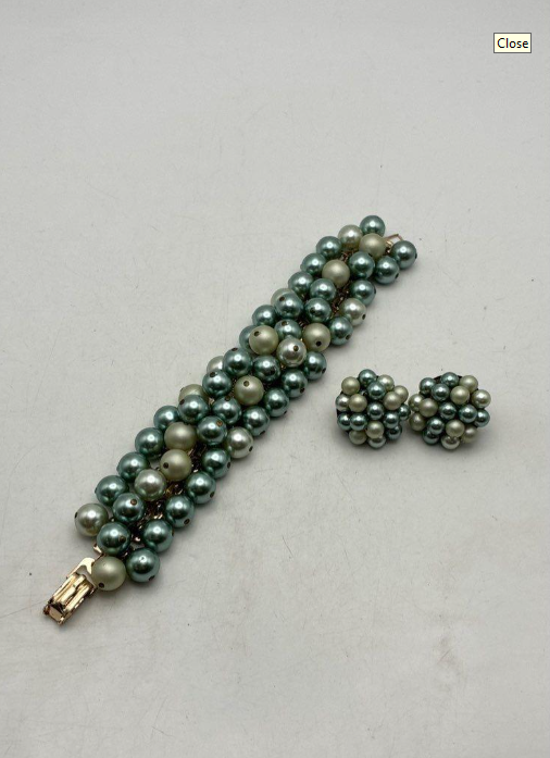 Vintage Two-Tone Green Faux Pearl Bracelet and Clip Earring Set | Gold-Tone Statement Jewelry