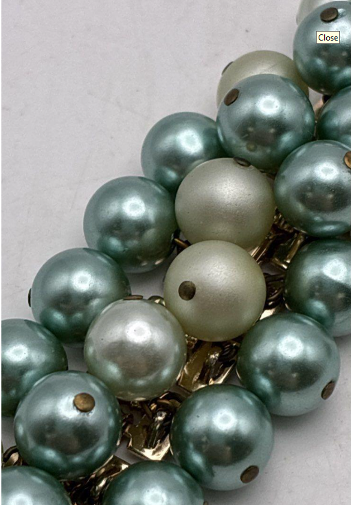 Vintage Two-Tone Green Faux Pearl Bracelet and Clip Earring Set | Gold-Tone Statement Jewelry