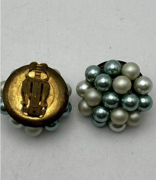 Vintage Two-Tone Green Faux Pearl Bracelet and Clip Earring Set | Gold-Tone Statement Jewelry