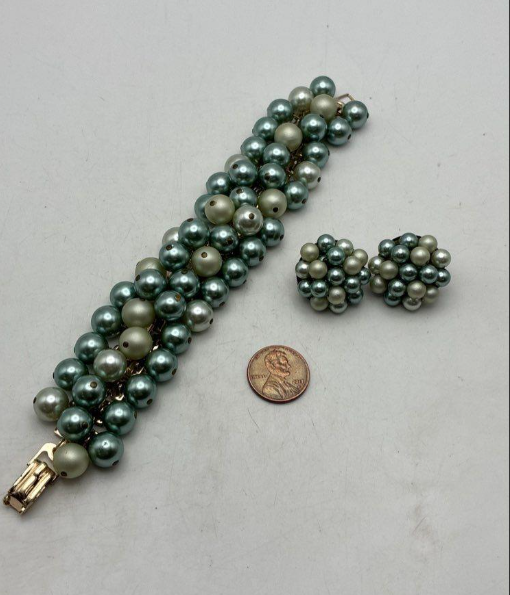 Vintage Two-Tone Green Faux Pearl Bracelet and Clip Earring Set | Gold-Tone Statement Jewelry
