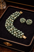 Vintage Two-Tone Green Faux Pearl Bracelet and Clip Earring Set | Gold-Tone Statement Jewelry