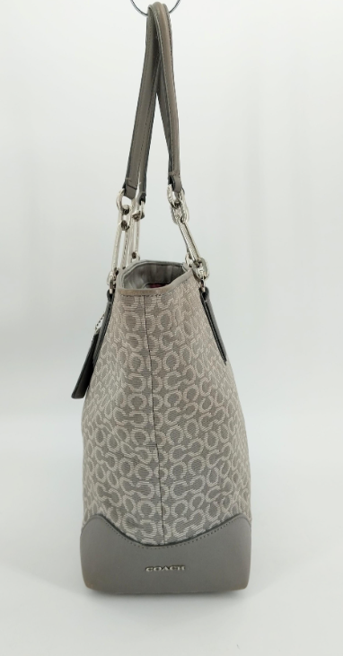 Coach Gray Signature Canvas Tote | Leather Trim Shoulder Bag Silver Hardware Classic Coach