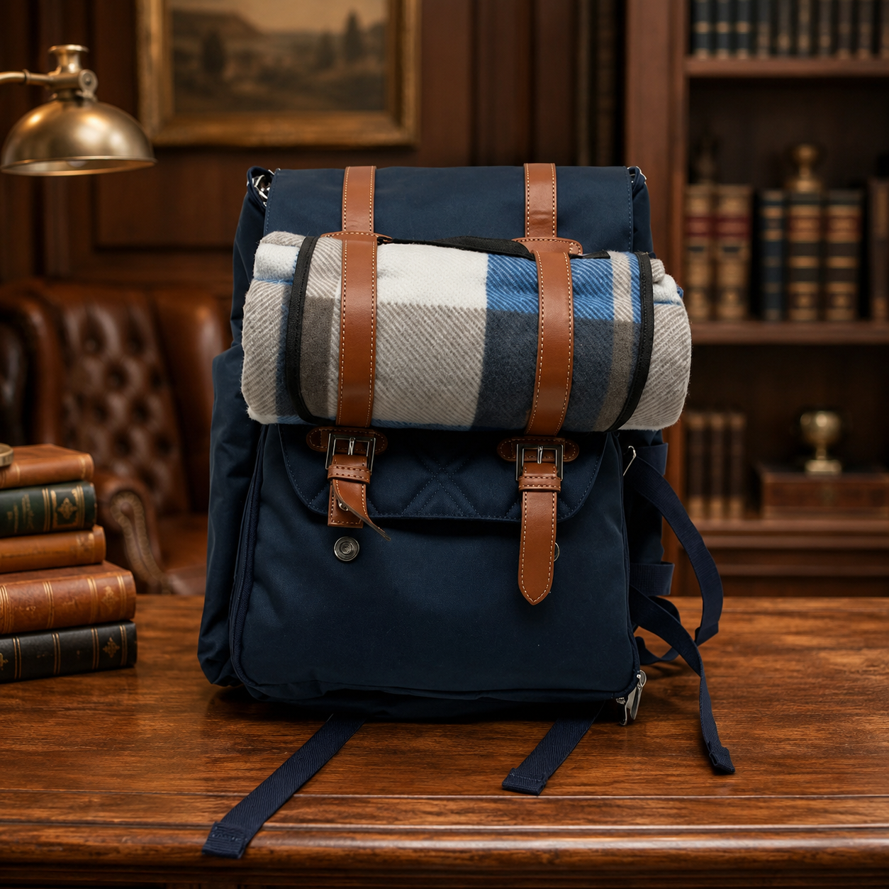 Navy Picnic Backpack Insulated With Blanket and Utensils