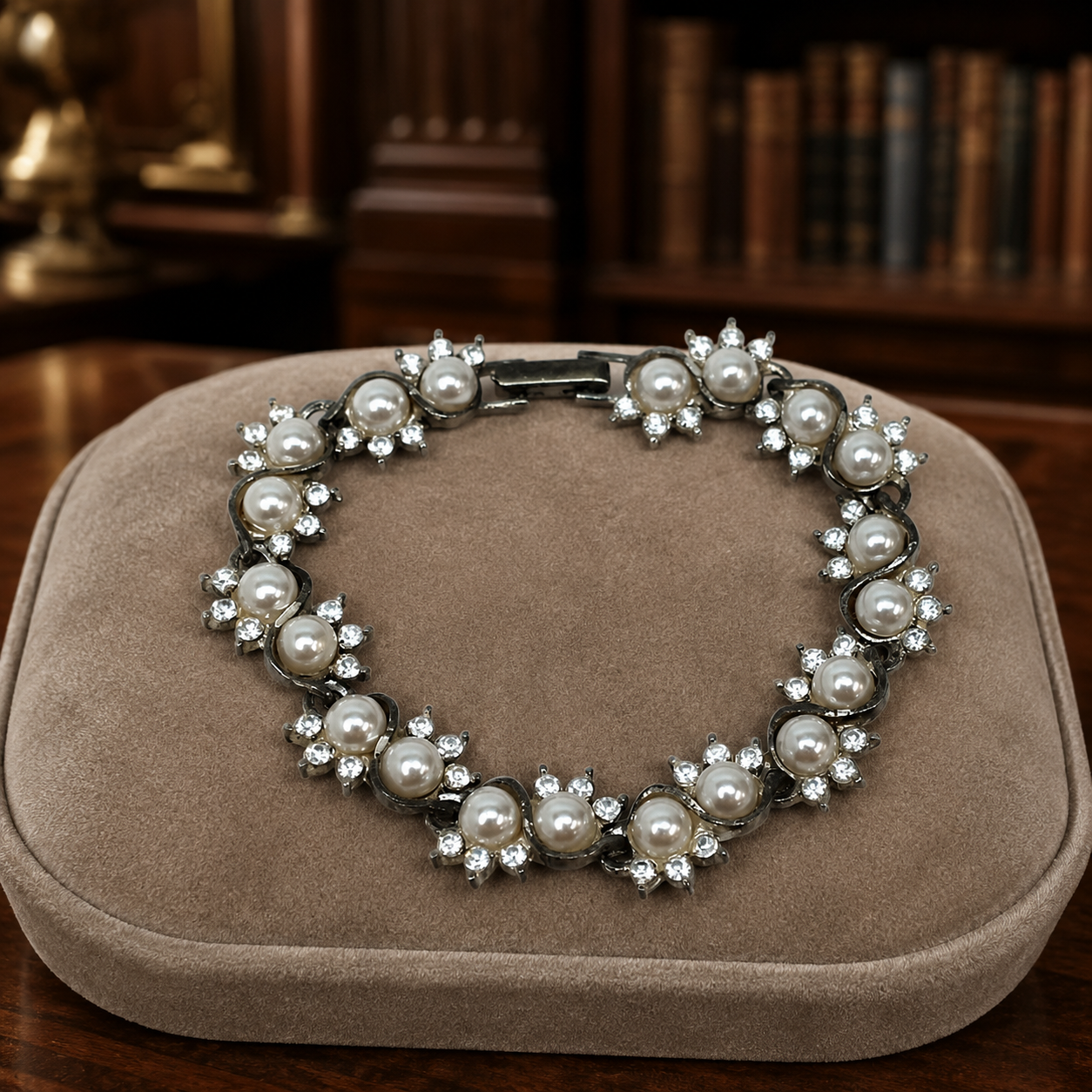 Dainty Silver Tone Rhinestone & Faux Pearl Link Bracelet 25.7g