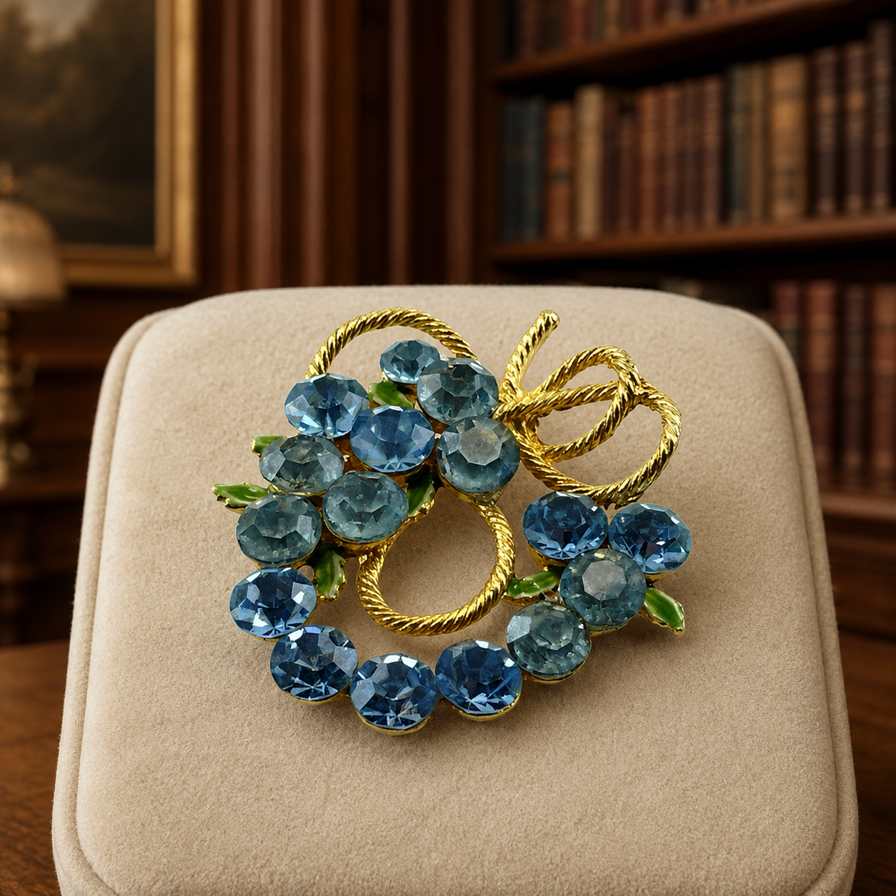 Vintage Gold Tone Blue Rhinestone Enamel Leaves Brooch