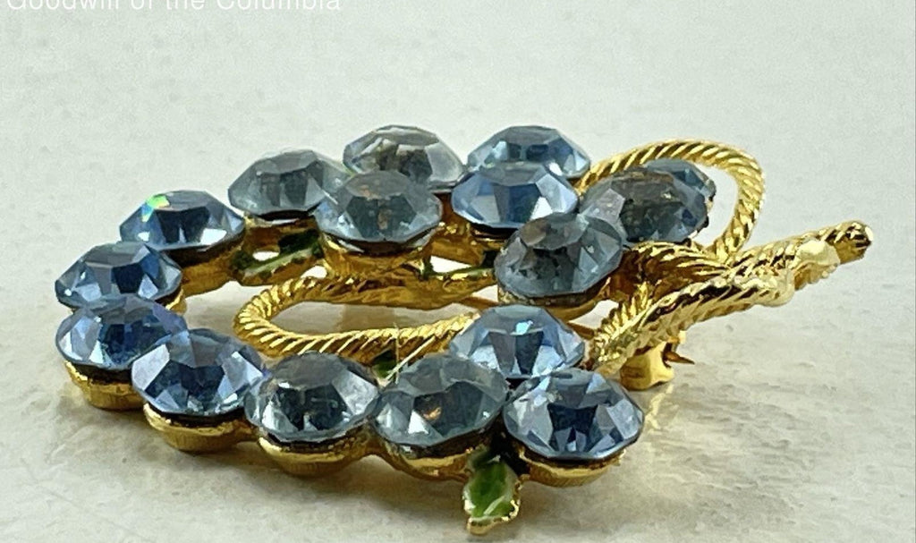 Vintage Gold Tone Blue Rhinestone Enamel Leaves Brooch