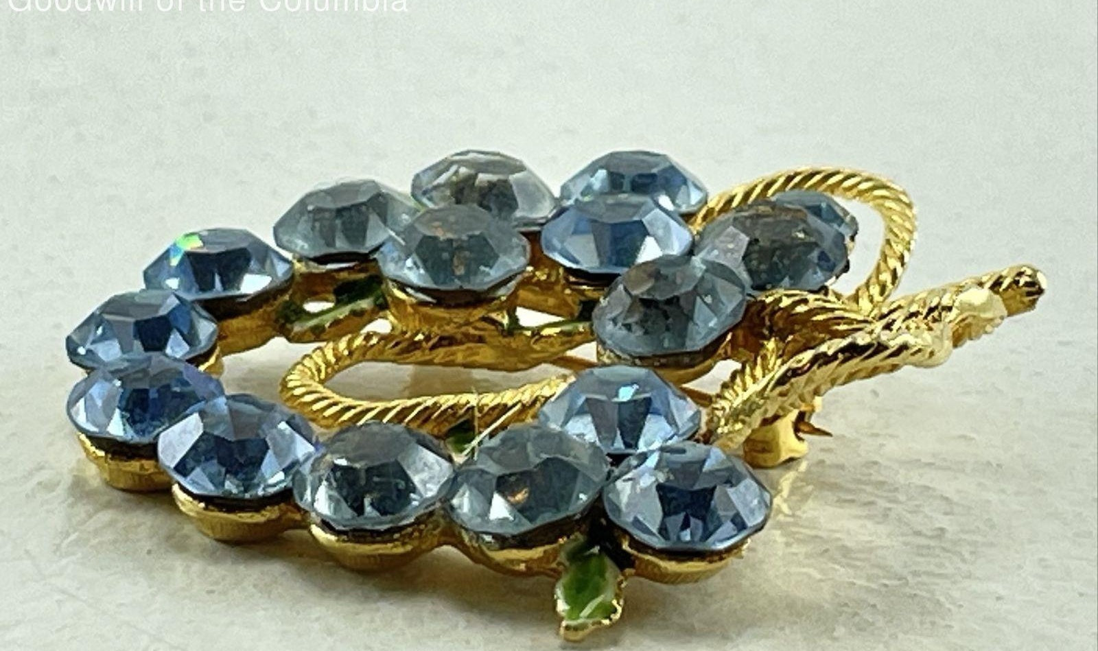 Vintage Gold Tone Blue Rhinestone Enamel Leaves Brooch