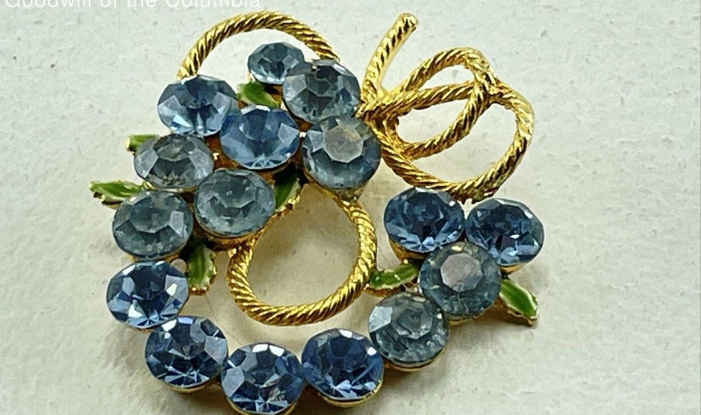 Vintage Gold Tone Blue Rhinestone Enamel Leaves Brooch