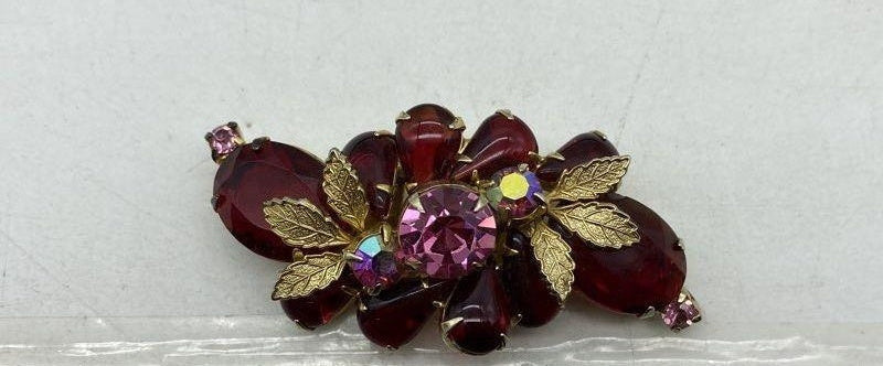 Vintage Unsigned Red and Pink AB Rhinestone Leaf Spray Brooch