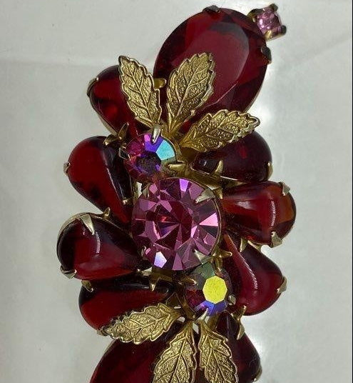 Vintage Unsigned Red and Pink AB Rhinestone Leaf Spray Brooch
