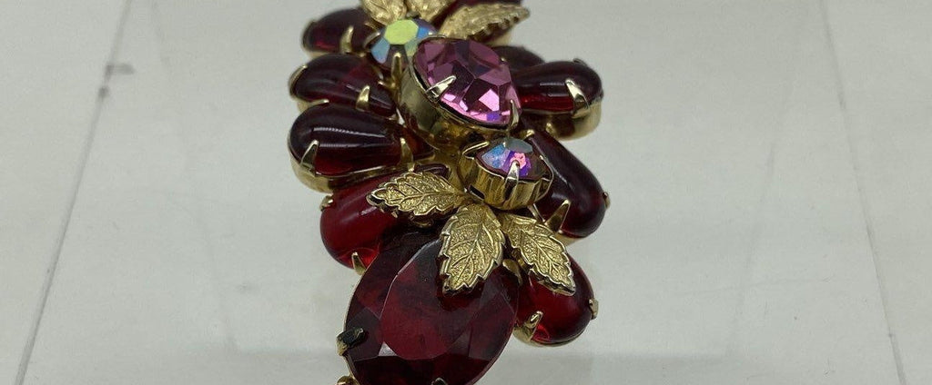 Vintage Unsigned Red and Pink AB Rhinestone Leaf Spray Brooch