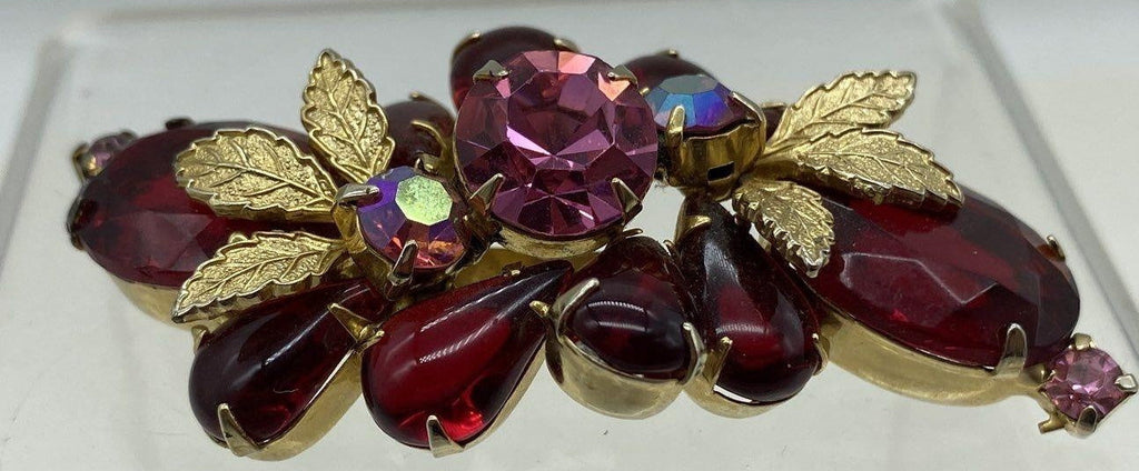 Vintage Unsigned Red and Pink AB Rhinestone Leaf Spray Brooch