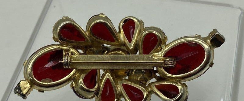Vintage Unsigned Red and Pink AB Rhinestone Leaf Spray Brooch