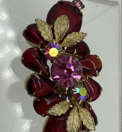 Vintage Unsigned Red and Pink AB Rhinestone Leaf Spray Brooch