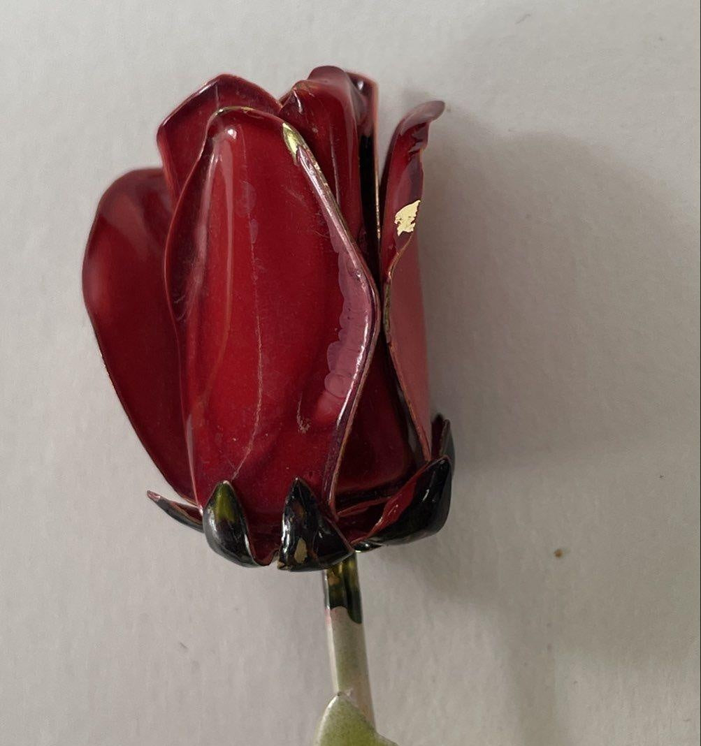 Vintage Gold Tone Red Green Enameled Long Stemmed Rose Floral Austria Brooch