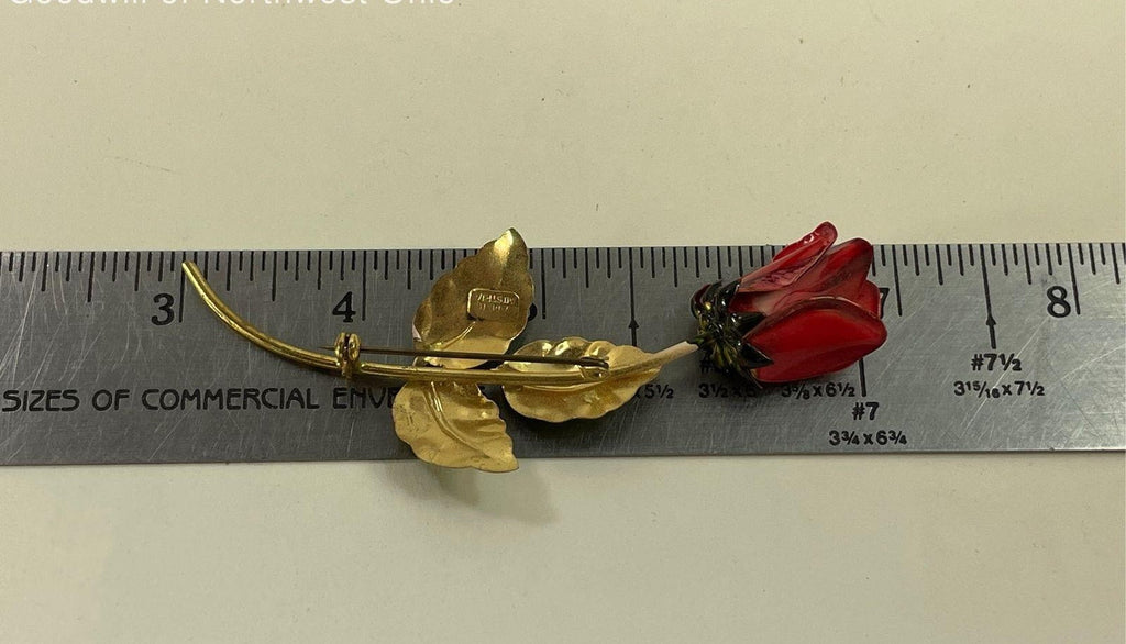 Vintage Gold Tone Red Green Enameled Long Stemmed Rose Floral Austria Brooch
