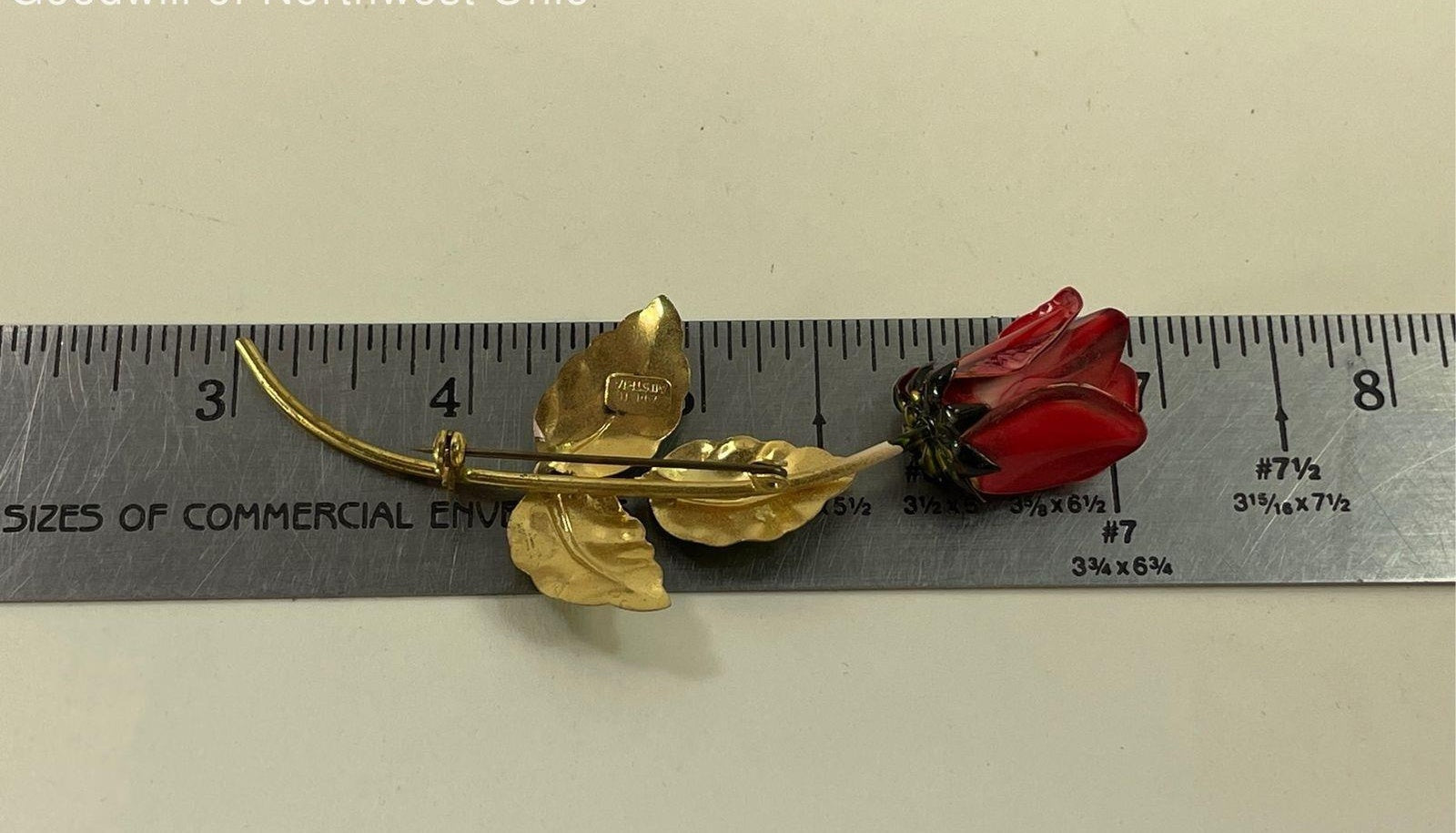 Vintage Gold Tone Red Green Enameled Long Stemmed Rose Floral Austria Brooch