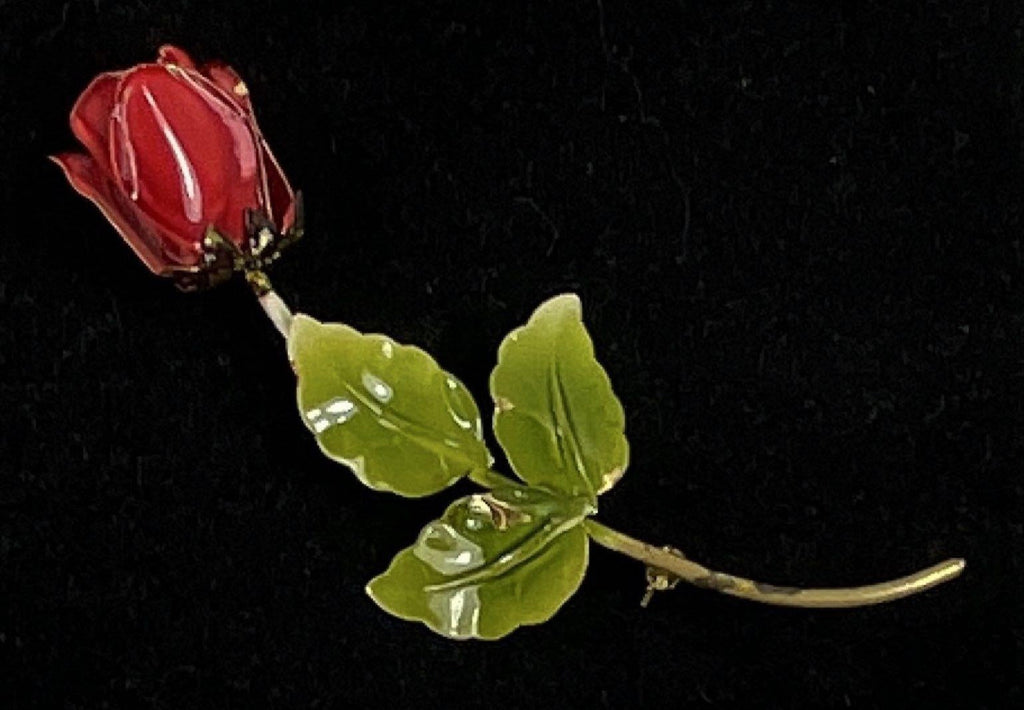 Vintage Gold Tone Red Green Enameled Long Stemmed Rose Floral Austria Brooch