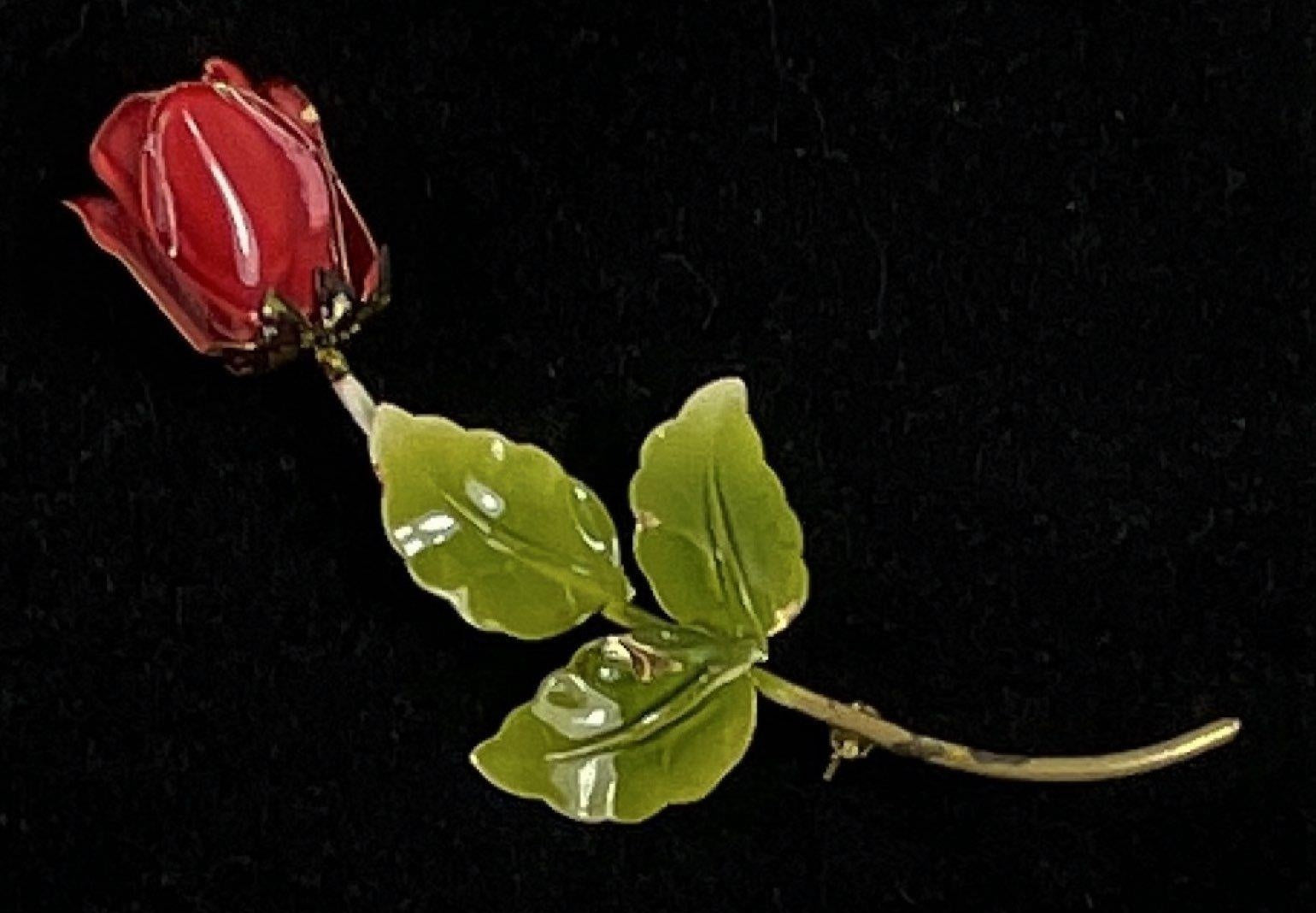 Vintage Gold Tone Red Green Enameled Long Stemmed Rose Floral Austria Brooch