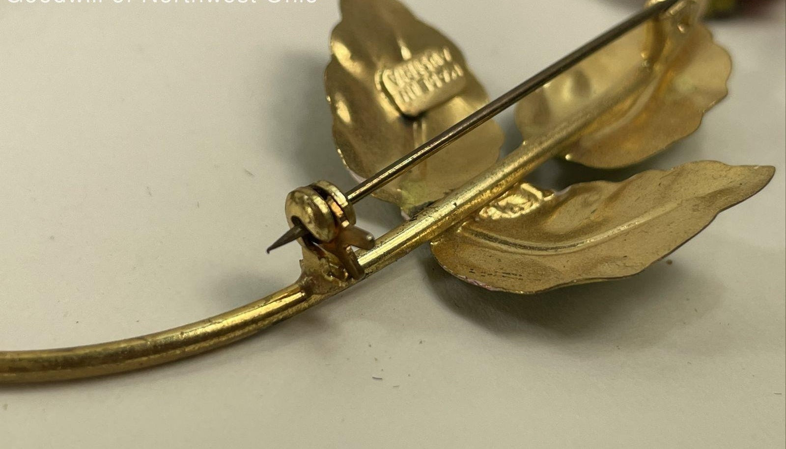 Vintage Gold Tone Red Green Enameled Long Stemmed Rose Floral Austria Brooch