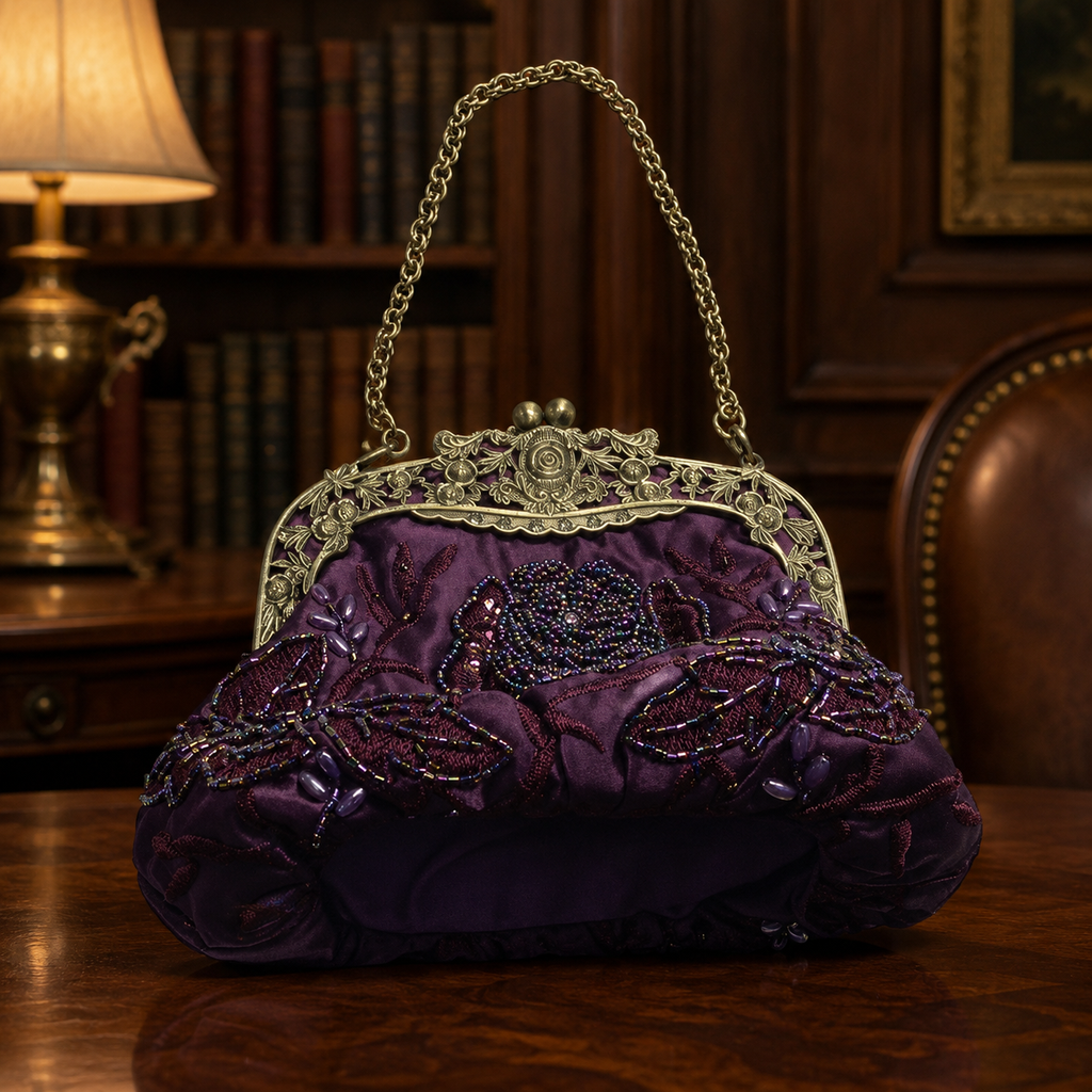 Embroidered Rose with Sequins and Beads Evening Clutch Bag