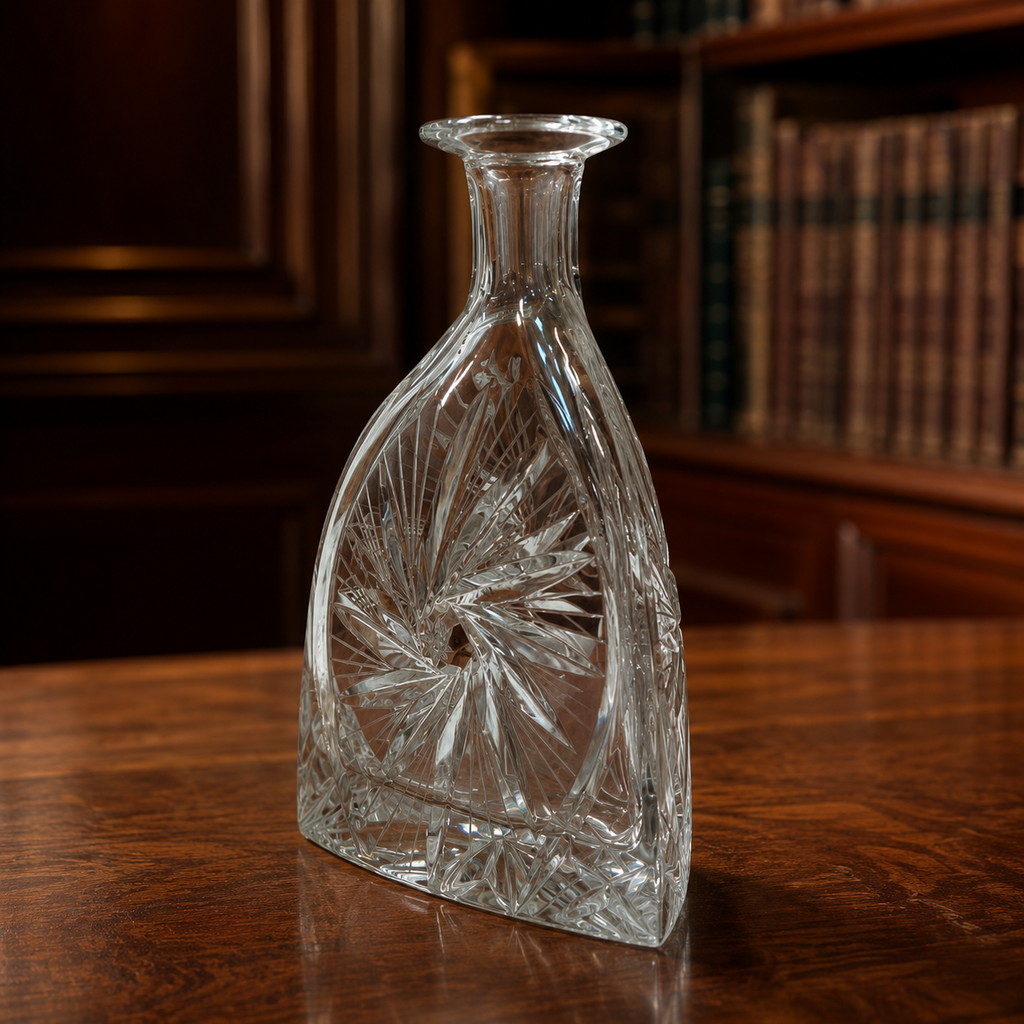 Crystal Glass Decanter, 8.5 Inch Tall Deep Cut Pinwheel Star Pattern