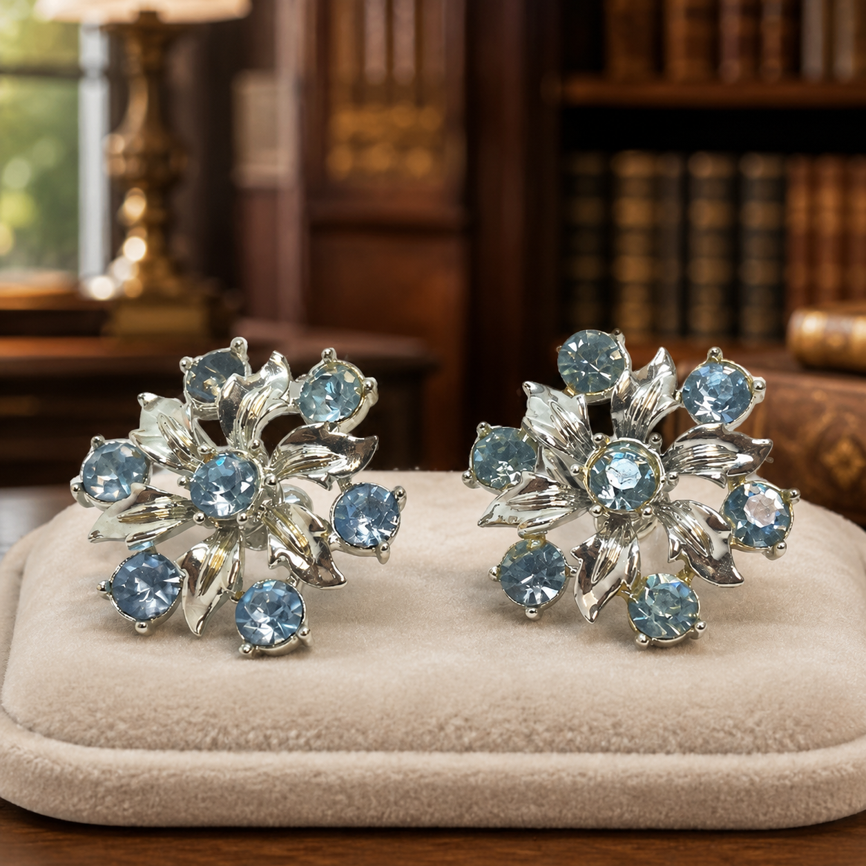 Vintage Coro Gold Tone Blue Rhinestone Clip Earrings, 15.6g