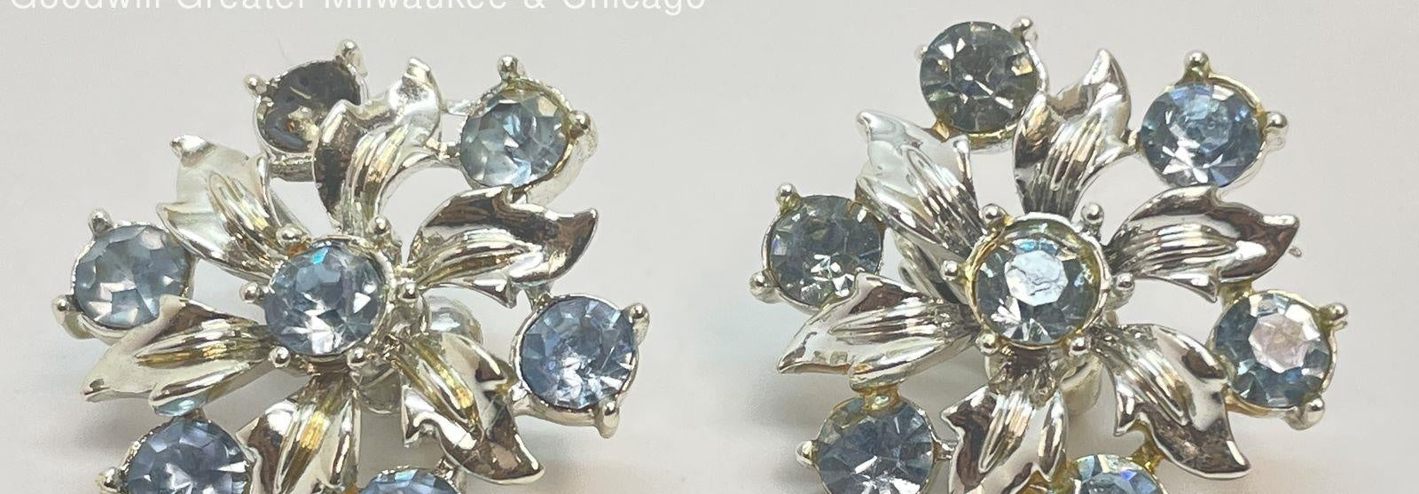Vintage Coro Gold Tone Blue Rhinestone Clip Earrings, 15.6g