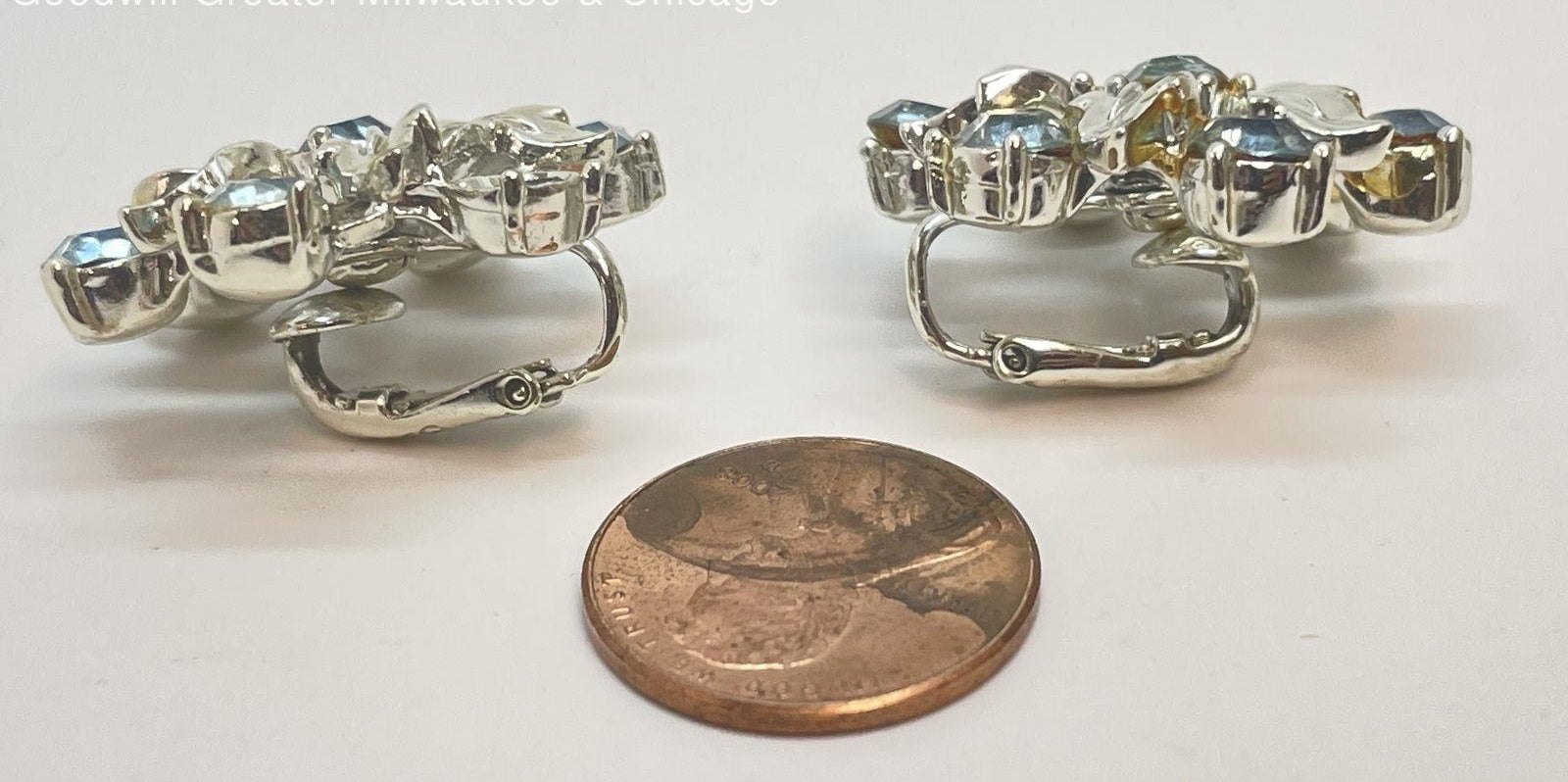 Vintage Coro Gold Tone Blue Rhinestone Clip Earrings, 15.6g