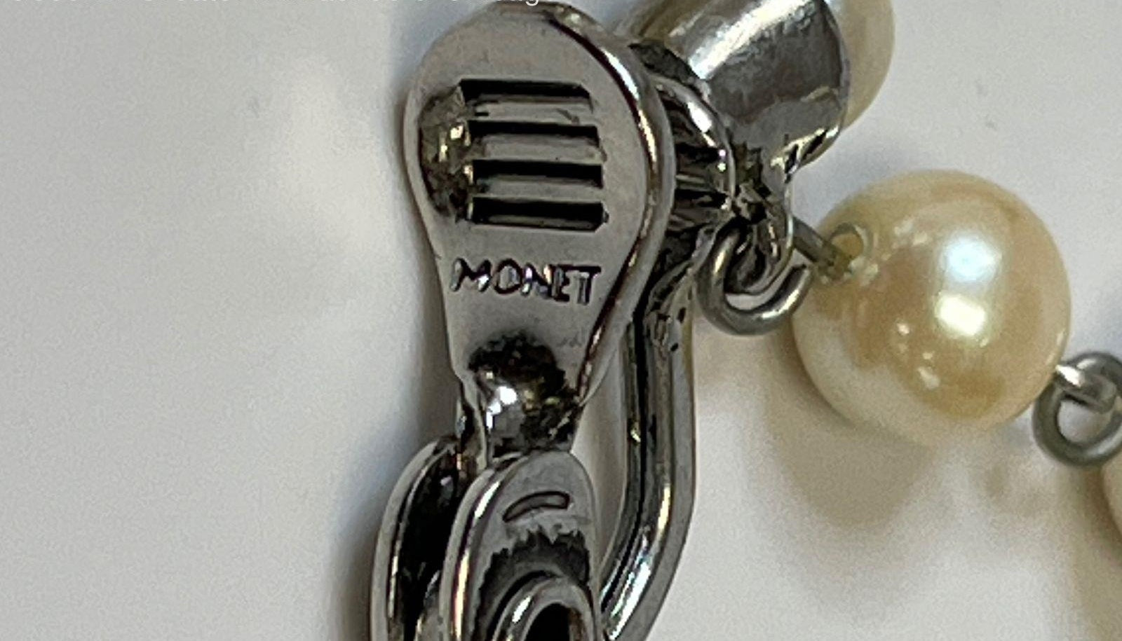 Monet Silver Tone Faux Pearl Rhinestone Beaded Dangle Clip On Earrings 10.6g